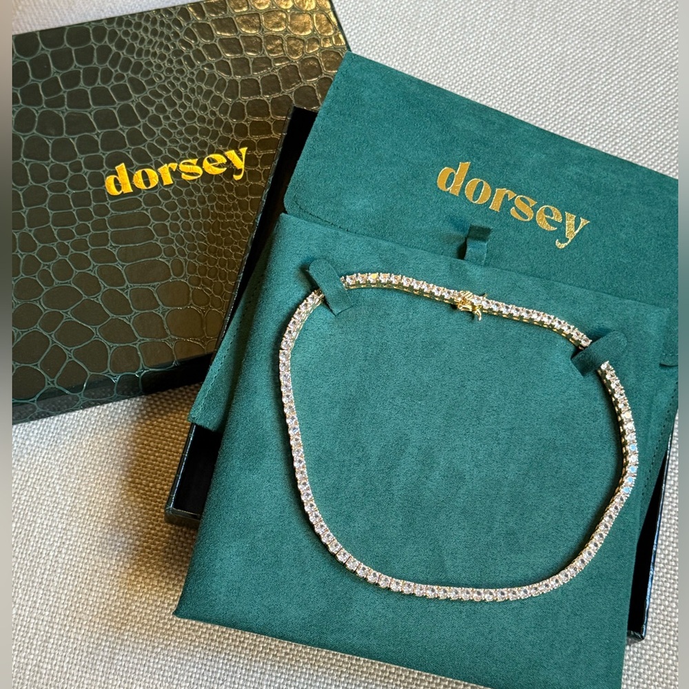 New. Dorsey “Kate” necklace 15”.  3.75 mm lab white sapphires, 18k gold plated. - Picture 2 of 8